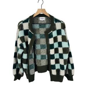 Frnch Paris Checkered Open Front Cardigan Fuzzy Soft Plaid Wool Blend Size OS